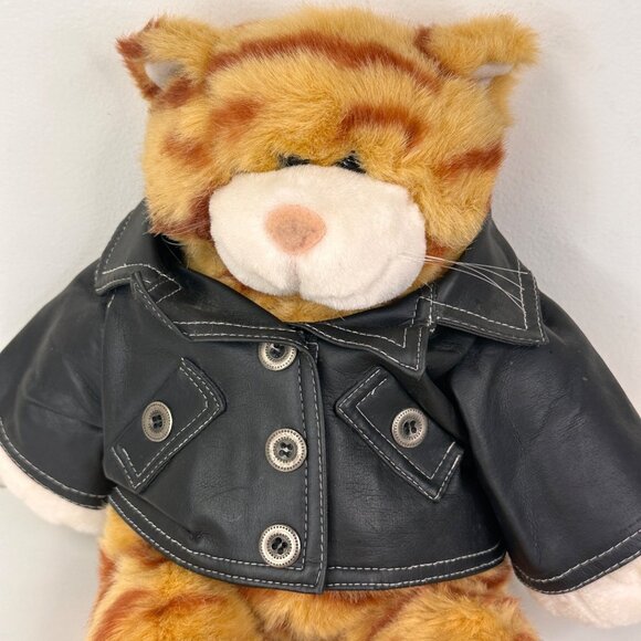 Build-A-Bear Workshop Orange Tabby Cat Plush With Black Faux Leather Jacket 16" - Picture 2 of 9